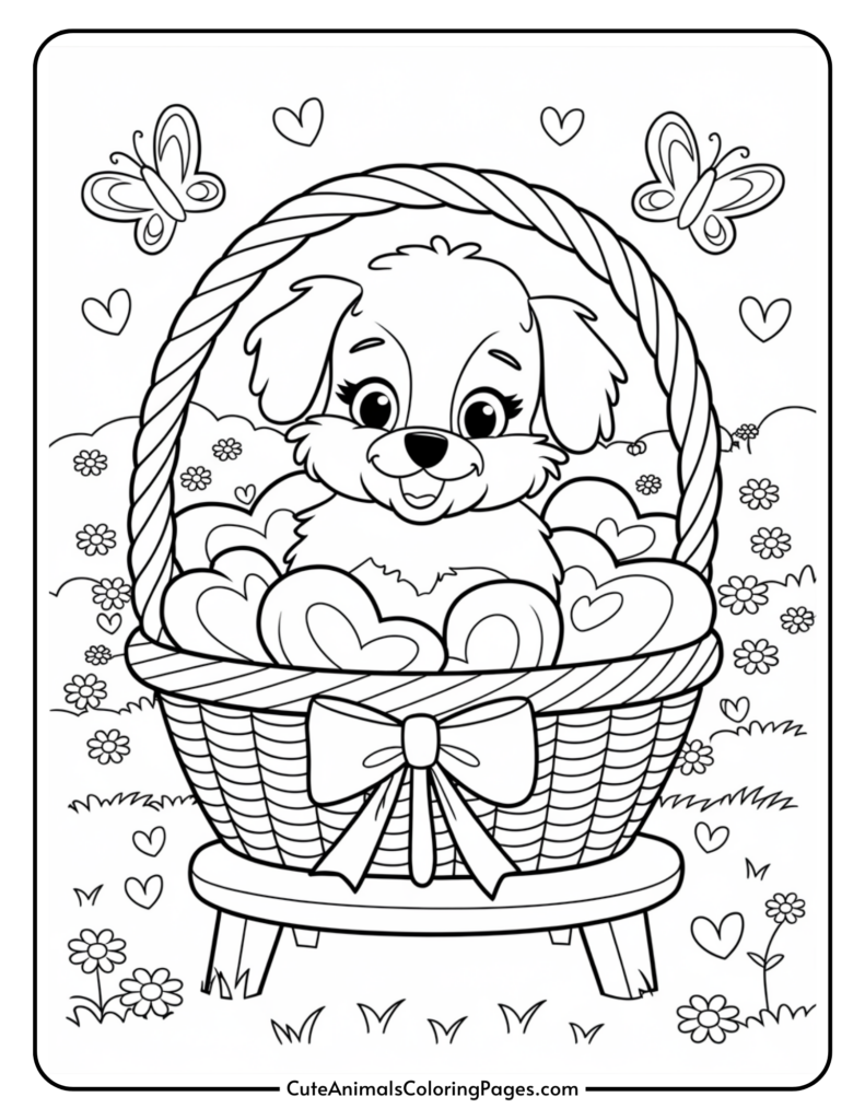 A cute puppy sitting in a basket filled with heart-shaped pillows, surrounded by flowers and butterflies.