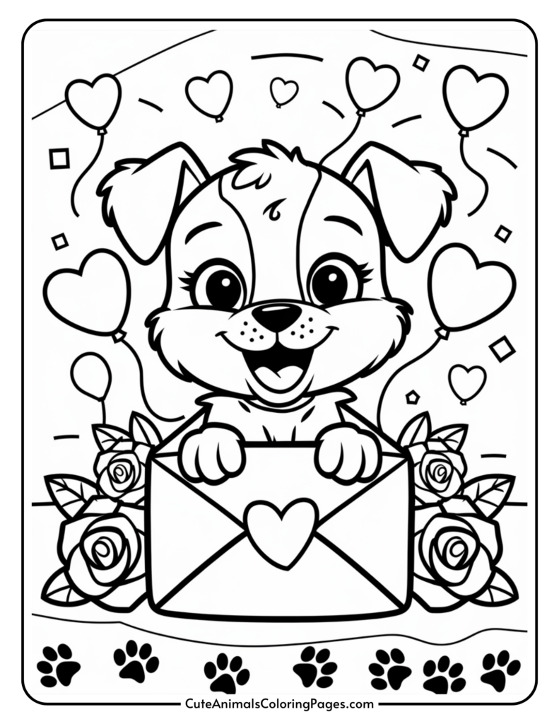 A cute cartoon puppy holding an envelope with a heart, surrounded by hearts, balloons, and roses.