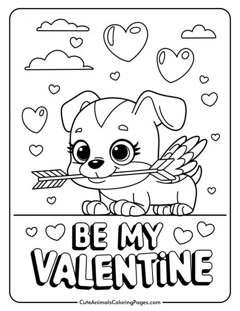 Cute cartoon puppy holding an arrow in its mouth with "Be My Valentine" text, surrounded by hearts and clouds.