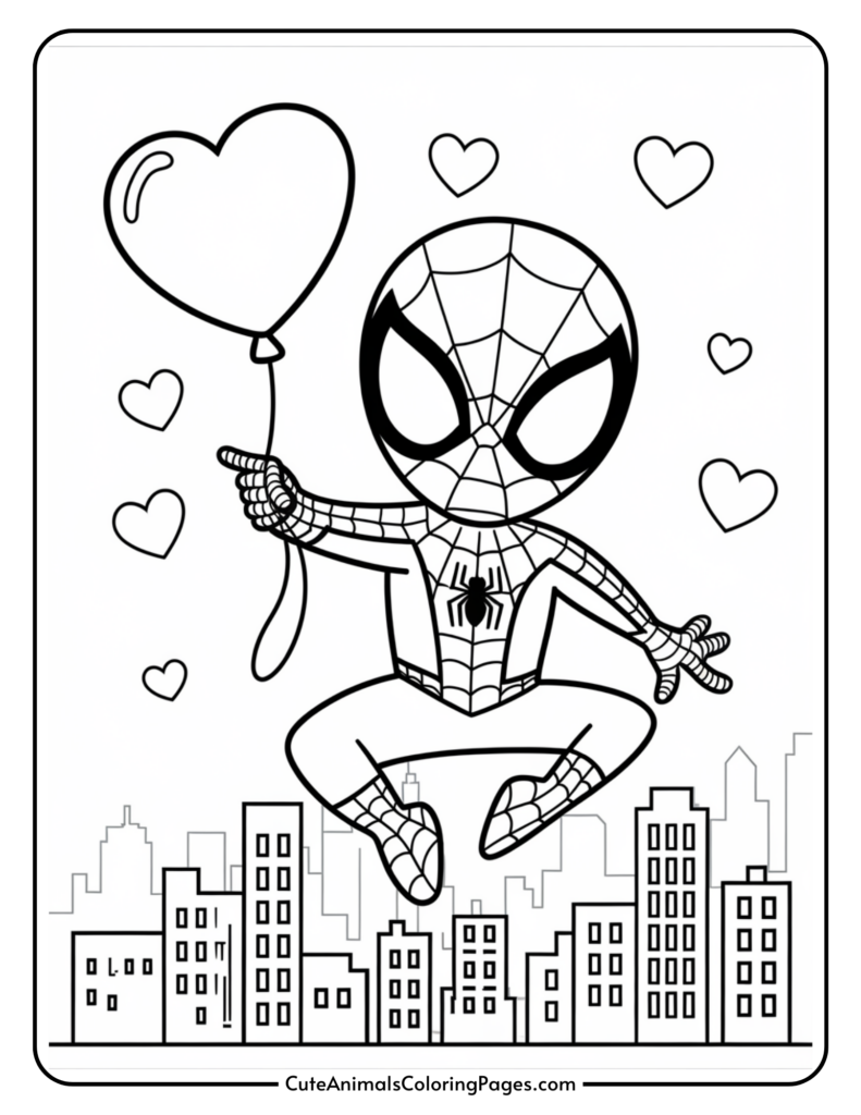 Cartoon superhero holding a heart-shaped balloon with a cityscape background and floating hearts.