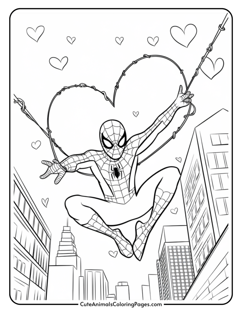 A superhero swings through a cityscape with heart shapes in the background.