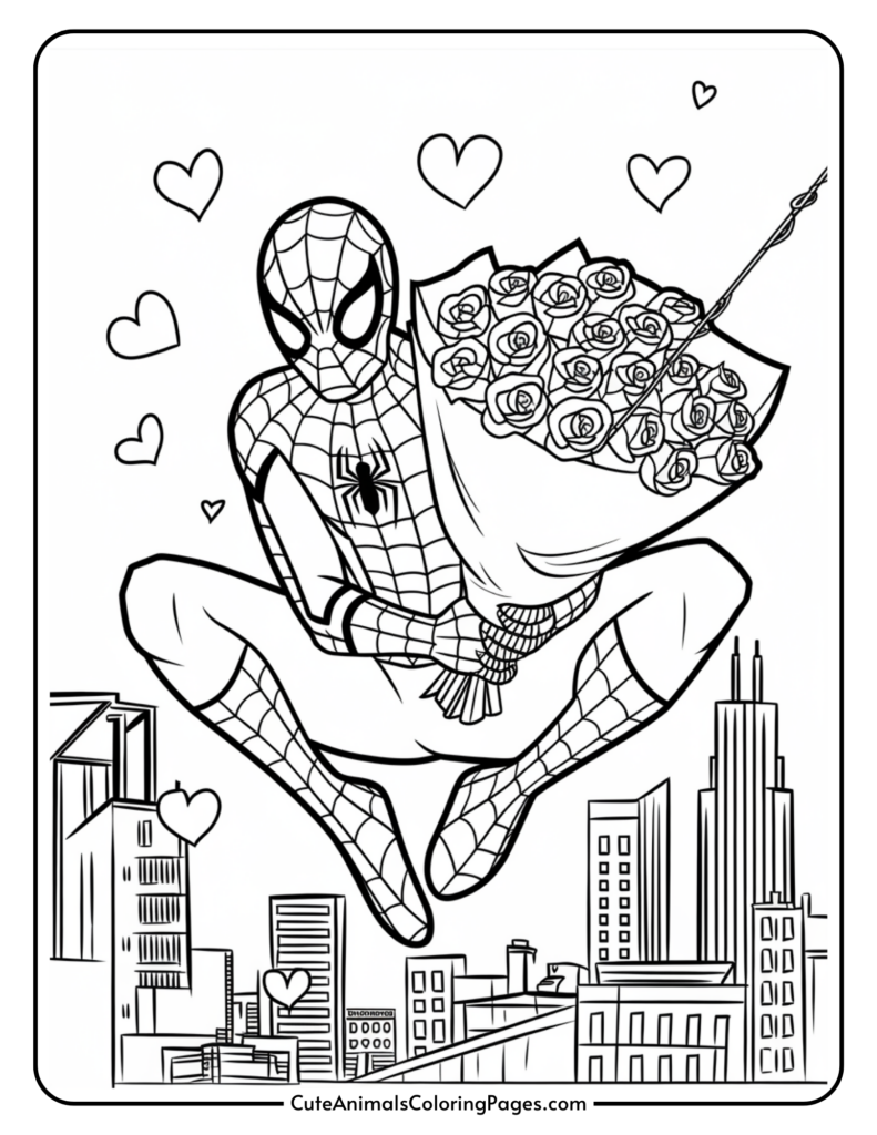 A superhero in a costume is crouching on a building rooftop, holding a bouquet of roses, with hearts floating around.