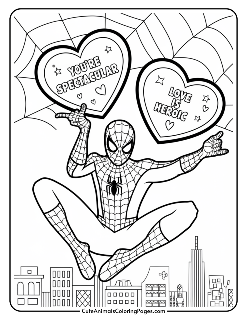 Spider-Man swinging through a city holding two heart-shaped signs saying "You're Spectacular" and "Love is Heroic", with buildings below.