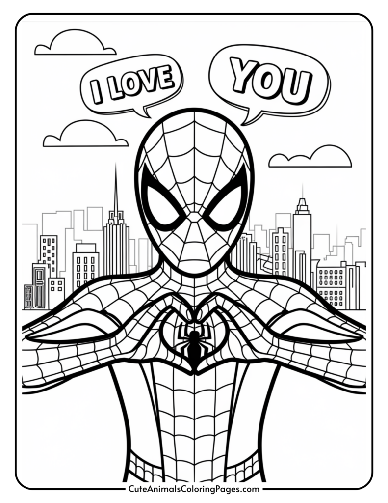 A coloring page featuring Spider-Man making a heart shape with his hands, with speech bubbles saying "I love you," set against a cityscape background.