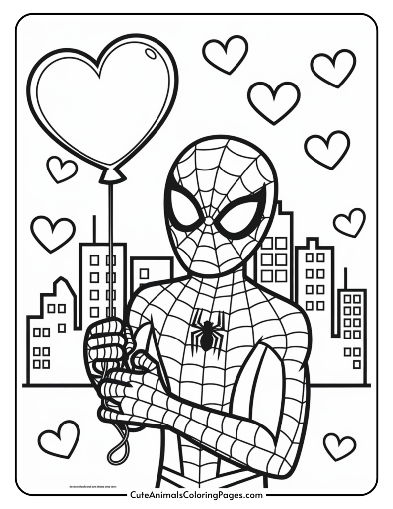 Spider-Man holding a heart-shaped balloon with a cityscape and hearts in the background.