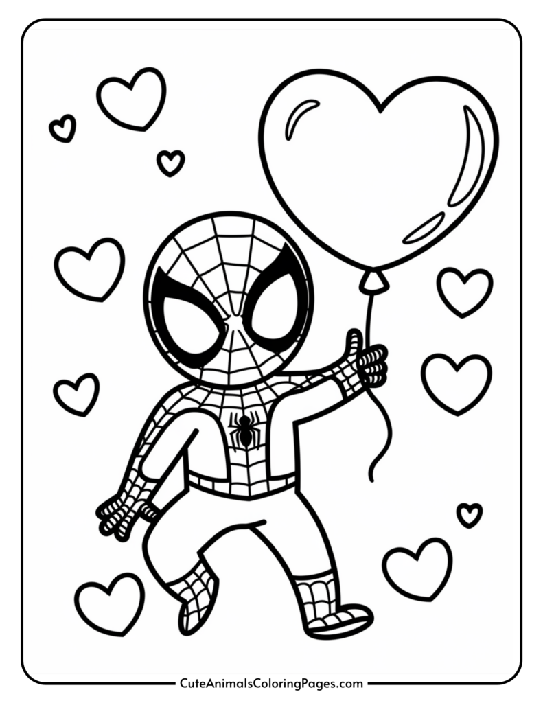 Cartoon superhero holding a heart-shaped balloon with hearts around.