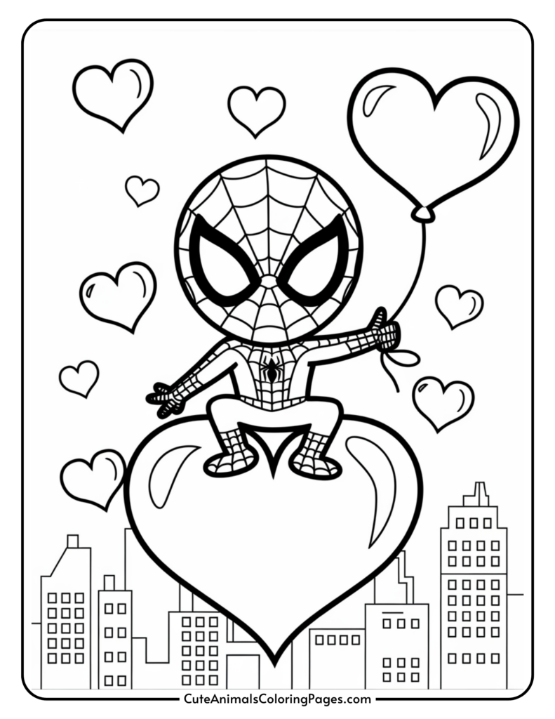 Cartoon superhero character sitting on a large heart, holding a heart-shaped balloon, with a cityscape and floating hearts in the background.