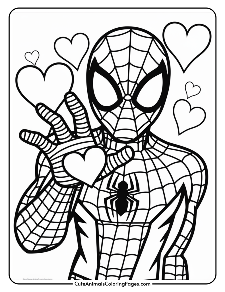 A black and white coloring page of a superhero in a web-patterned suit holding a heart, with several hearts floating around.