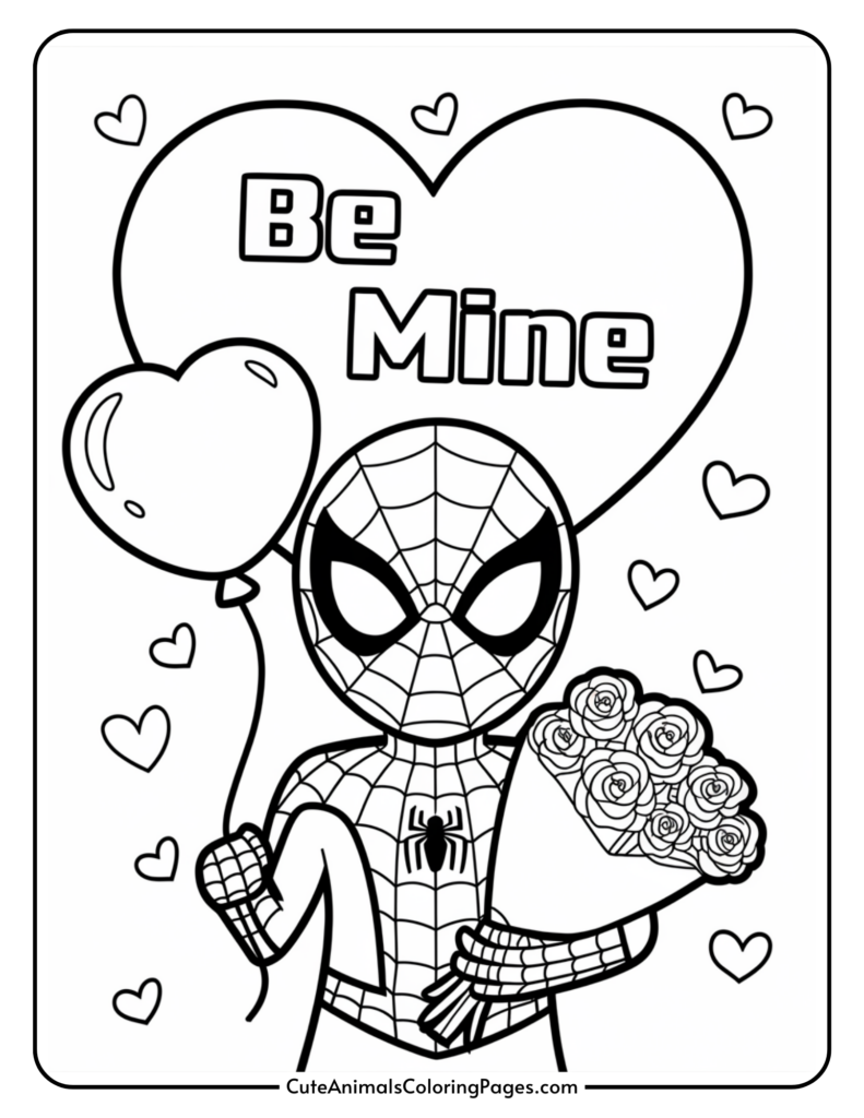 Comic-style character holding a heart-shaped balloon and bouquet of roses, with "Be Mine" inside a large heart and small hearts surrounding them.