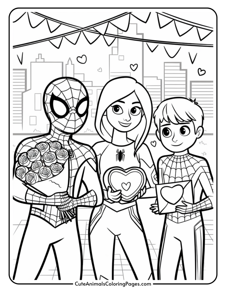 Spider-themed characters holding flowers and heart-shaped items, with a cityscape and festive banners in the background.