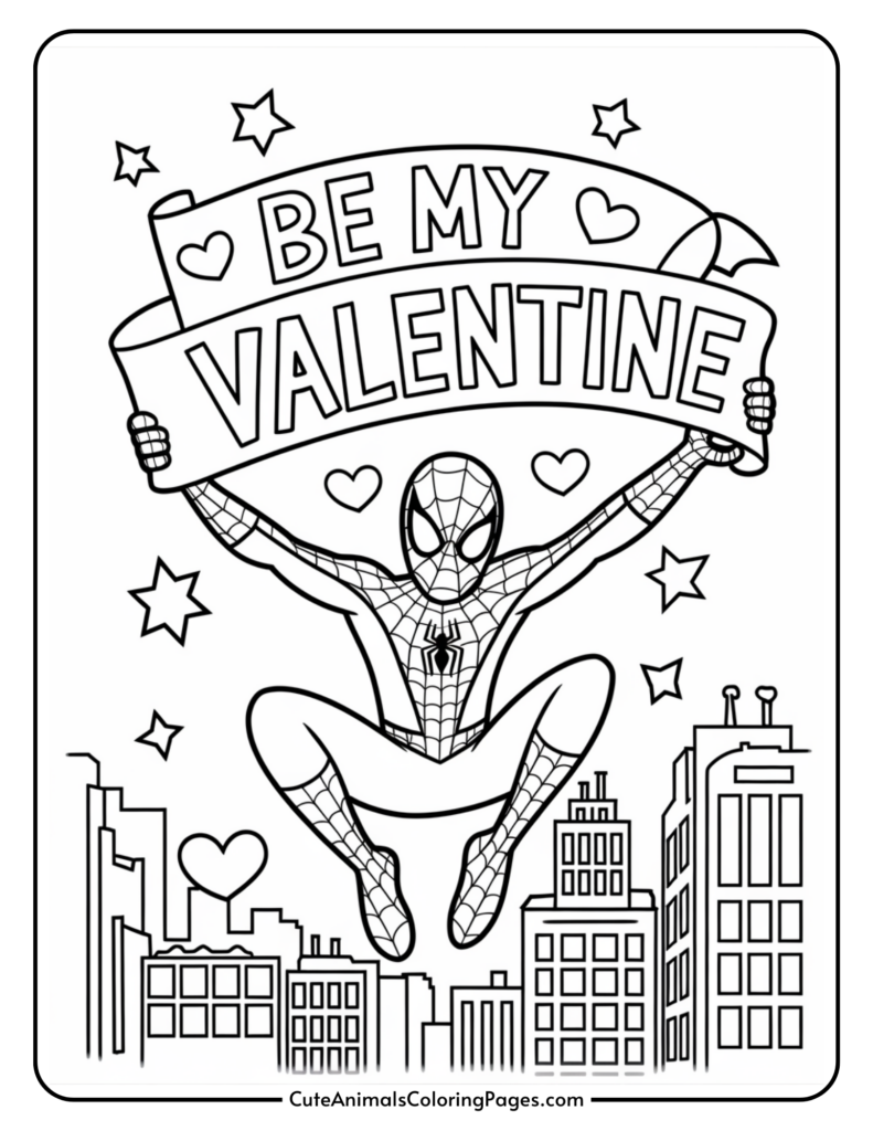 A superhero holding a "Be My Valentine" banner, surrounded by stars and hearts, above a cityscape.