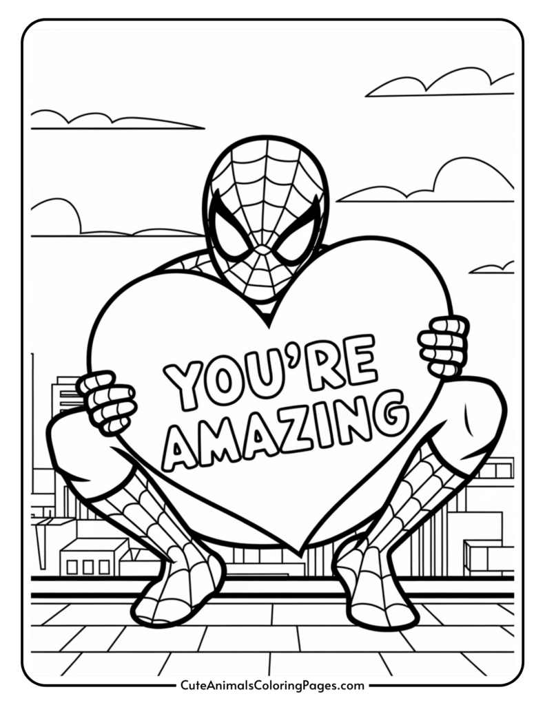 A superhero figure holding a heart-shaped sign that says "You're Amazing" while kneeling against a cityscape background.