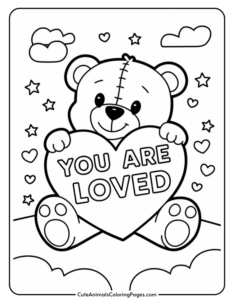 Cute teddy bear holding a heart that says "You Are Loved," surrounded by stars and hearts.