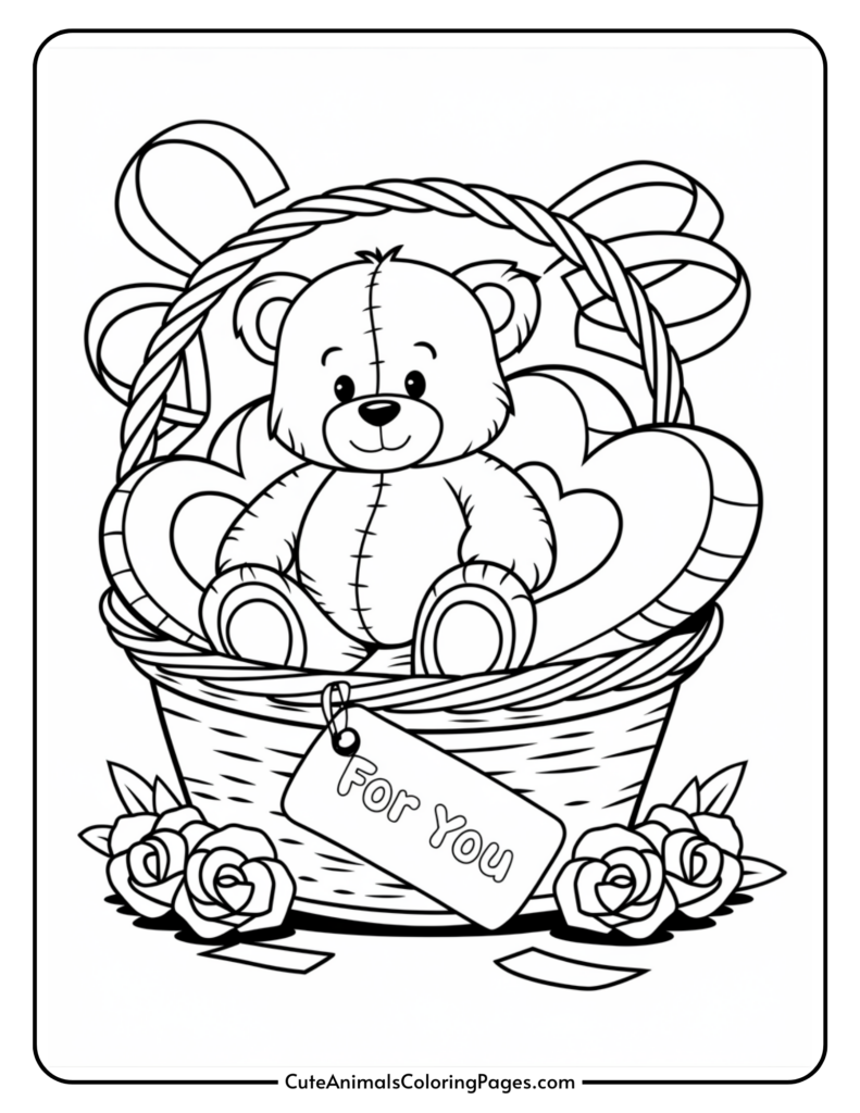 A teddy bear sits in a basket surrounded by hearts and roses, with a "For You" tag attached.