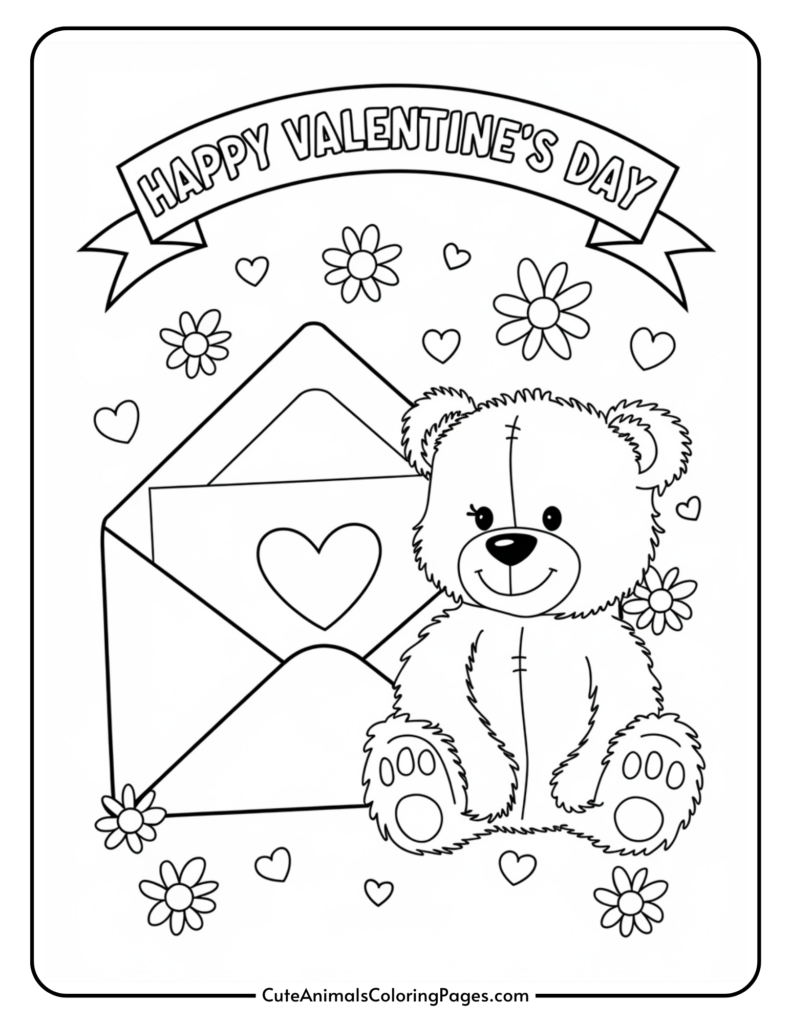 A Valentine's Day coloring page featuring a teddy bear sitting next to a heart-decorated envelope, surrounded by flowers and hearts, with the text "Happy Valentine's Day" above.