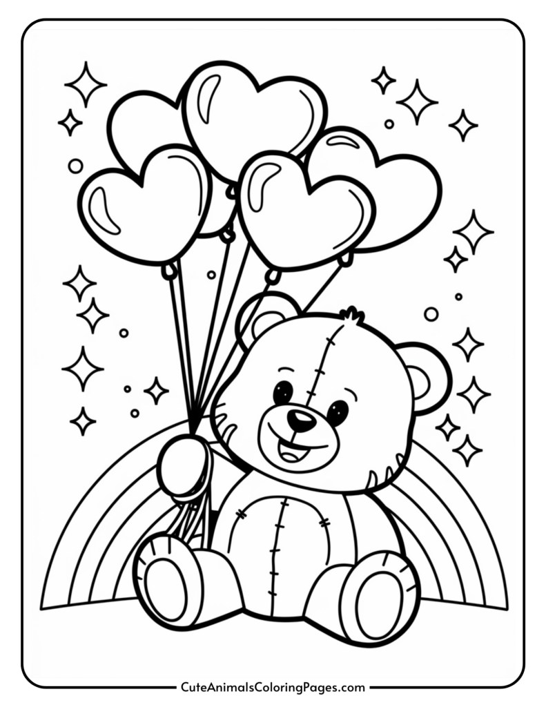 A cartoon teddy bear holding heart-shaped balloons, sitting in front of a rainbow and surrounded by stars.