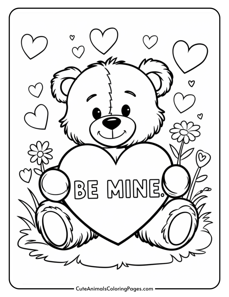 A cute teddy bear holding a heart with "Be Mine" written on it, surrounded by flowers and hearts.