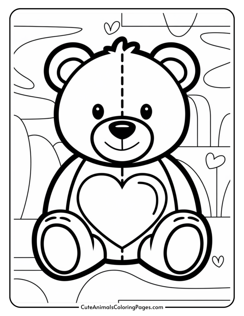 A coloring page featuring a cartoon teddy bear with a heart on its chest, sitting in a scenic background with hearts and clouds.