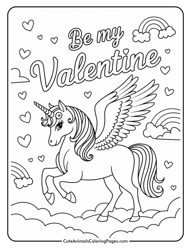 Coloring page with a unicorn and the text "Be my Valentine," surrounded by hearts and rainbows.