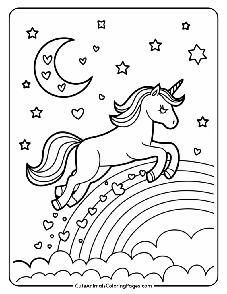 A unicorn jumping over a rainbow with clouds, stars, hearts, and a crescent moon in the background.