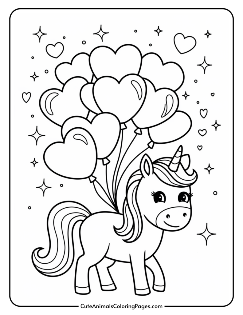 A unicorn with heart-shaped balloons surrounded by stars and hearts.