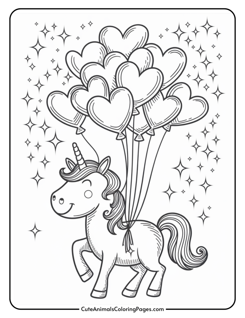 Cute unicorn with heart-shaped balloons and stars background in a coloring page.