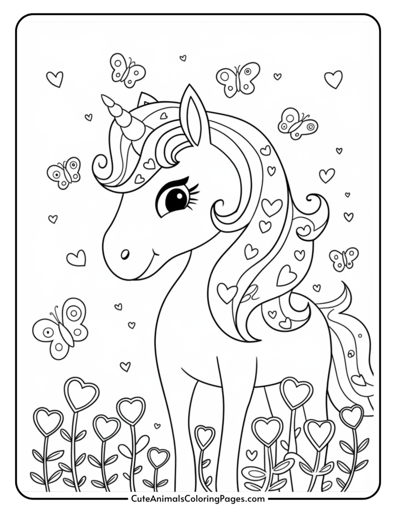 A coloring page of a unicorn surrounded by butterflies, hearts, and blooming heart-shaped flowers.