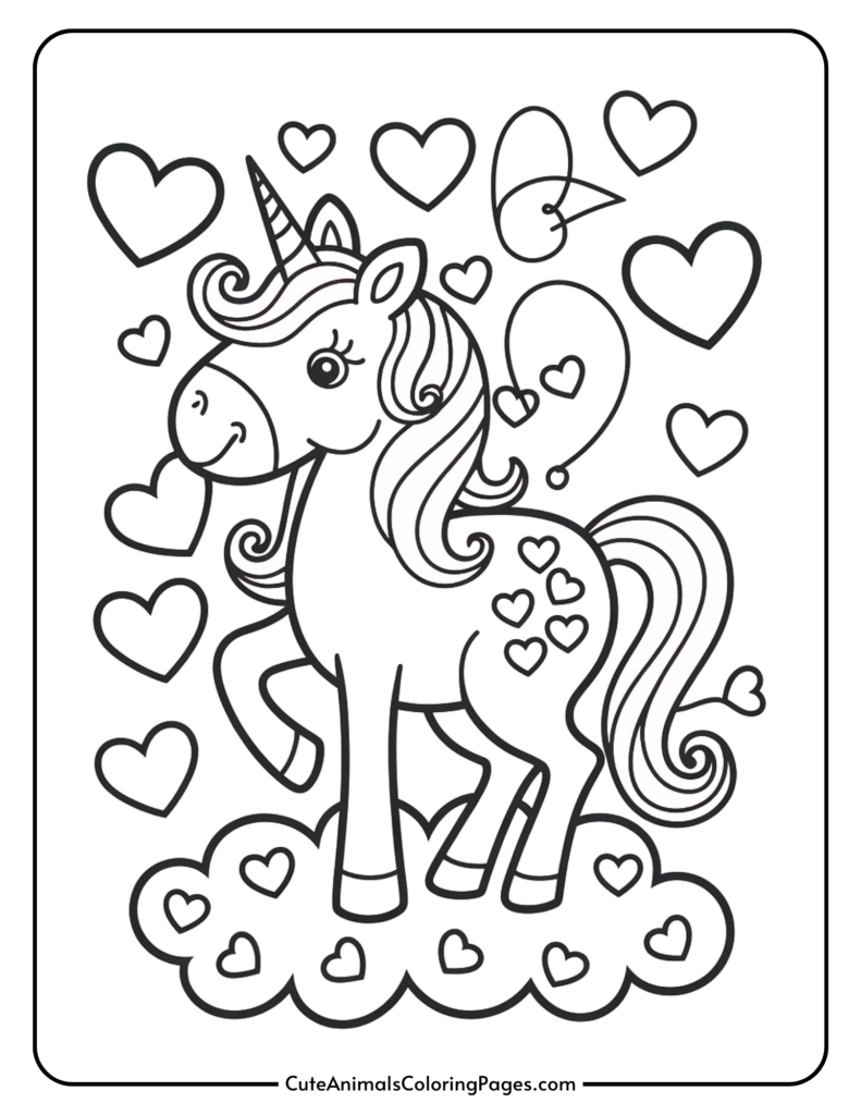 A coloring page of a unicorn standing on a cloud, surrounded by hearts and a butterfly.