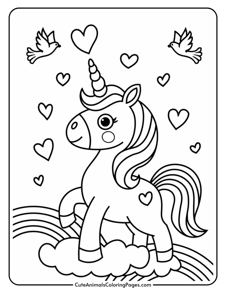 A coloring page featuring a unicorn with a horn, standing on a cloud over a rainbow. Hearts and two birds surround the unicorn.