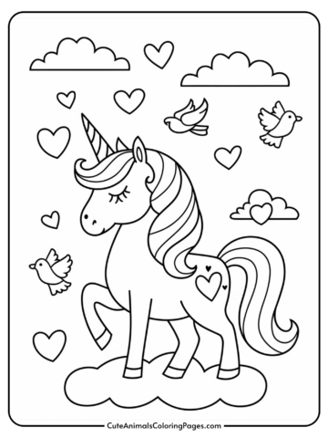 A unicorn standing on a cloud surrounded by hearts and flying birds.