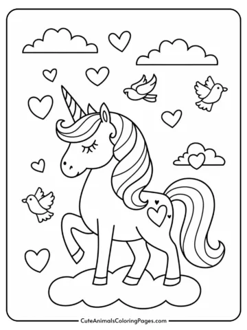 A unicorn standing on a cloud surrounded by hearts and flying birds.