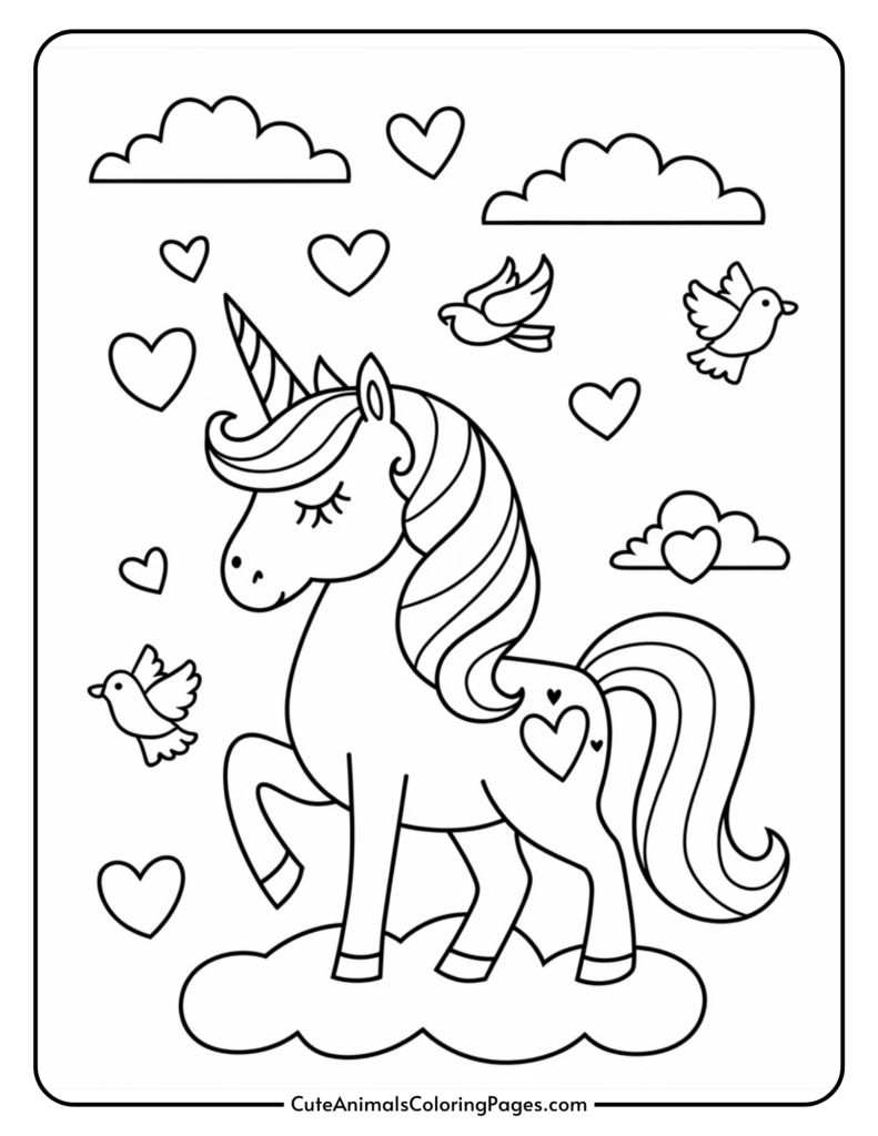 A unicorn standing on a cloud surrounded by hearts and flying birds.