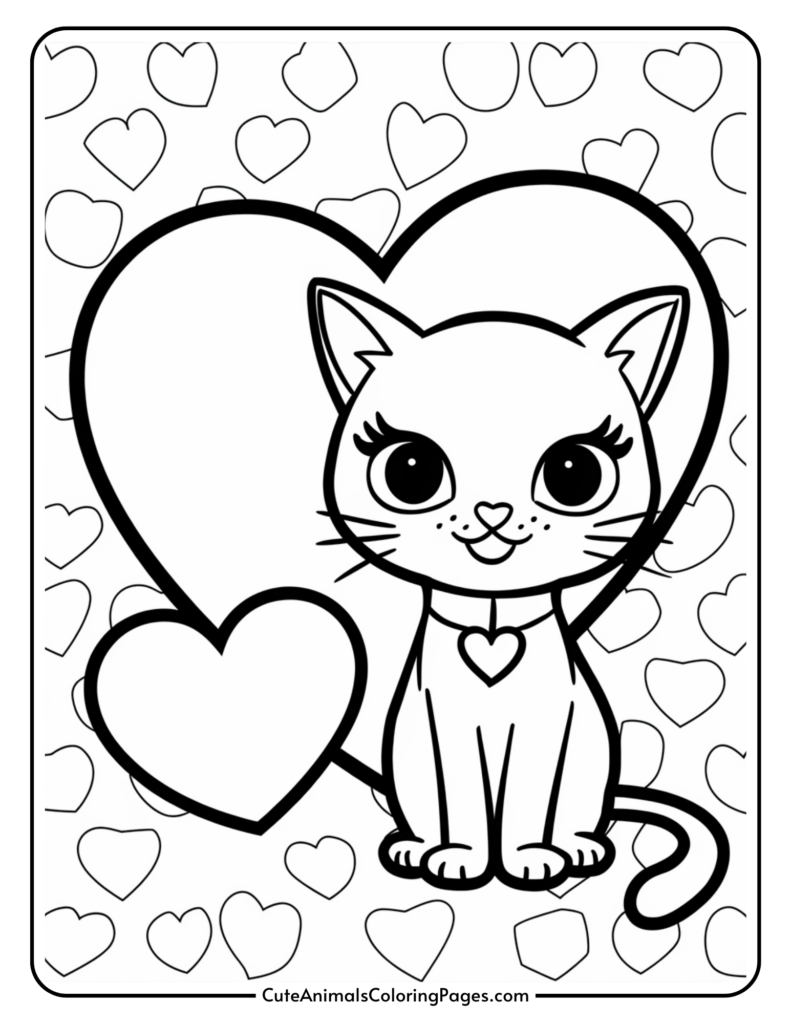 A black and white coloring page with a cute cat sitting in front of a large heart, surrounded by smaller hearts.