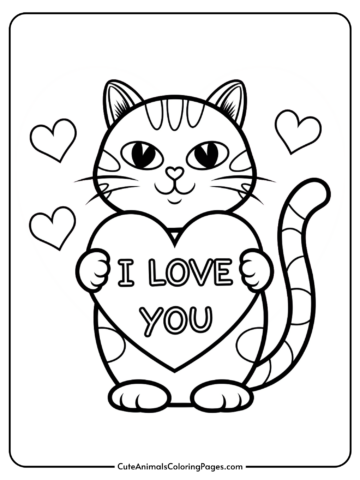 A cute cartoon cat holding a heart with the text 