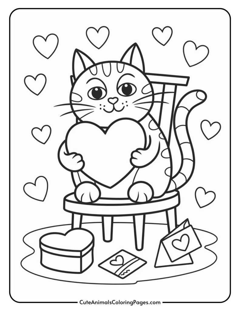 A cute cat sitting on a chair holding a heart, surrounded by heart shapes, with a heart-shaped box and a card on the ground.