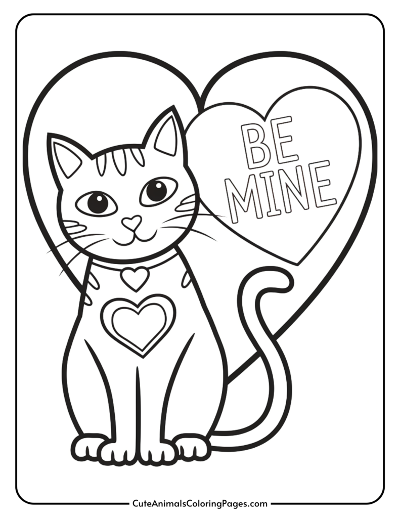 A Valentine's Day-themed coloring page with a cat and two overlapping hearts, one of which reads "Be Mine".