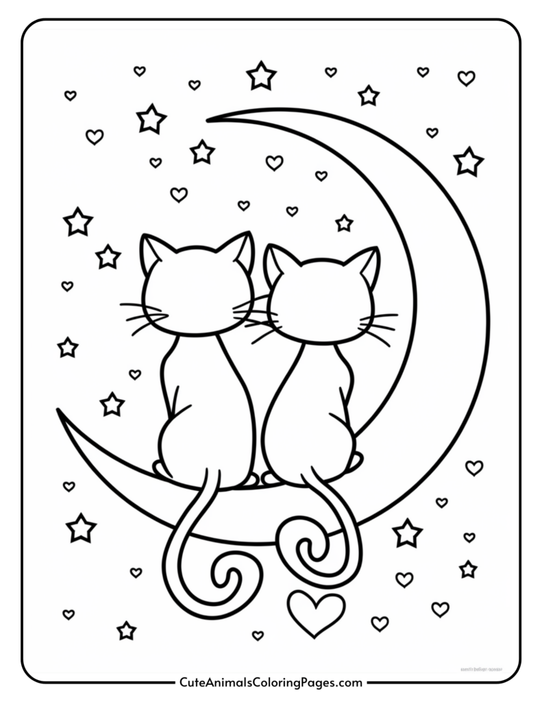 Two cats sitting on a crescent moon surrounded by stars and hearts, outlined for coloring.