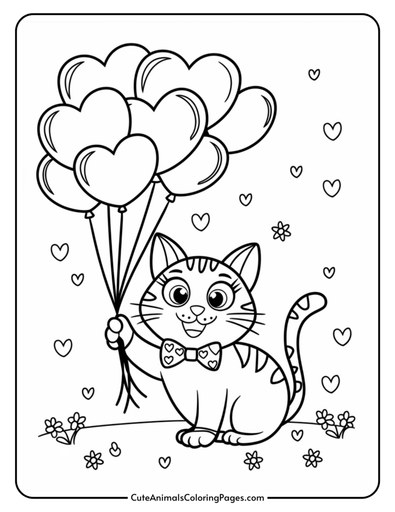 Cartoon cat holding a bunch of heart-shaped balloons, surrounded by small hearts and flowers.