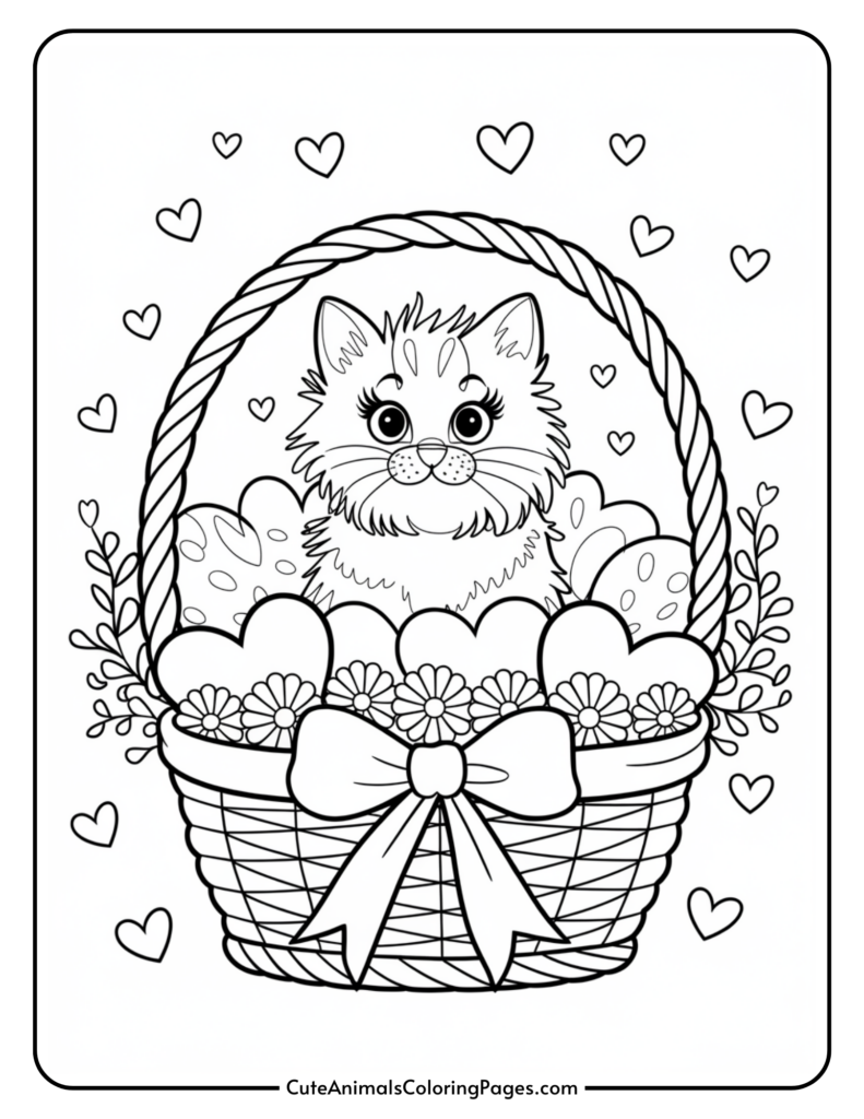 A cute cat sitting in a basket filled with flowers and Easter eggs, surrounded by small hearts.