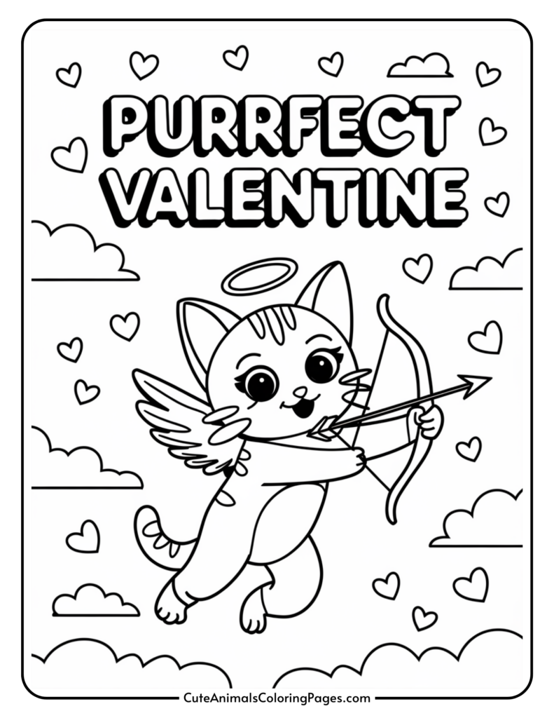 A cute cat with wings and a halo holding a bow and arrow, surrounded by clouds and hearts, with the text "Purrfect Valentine" above.