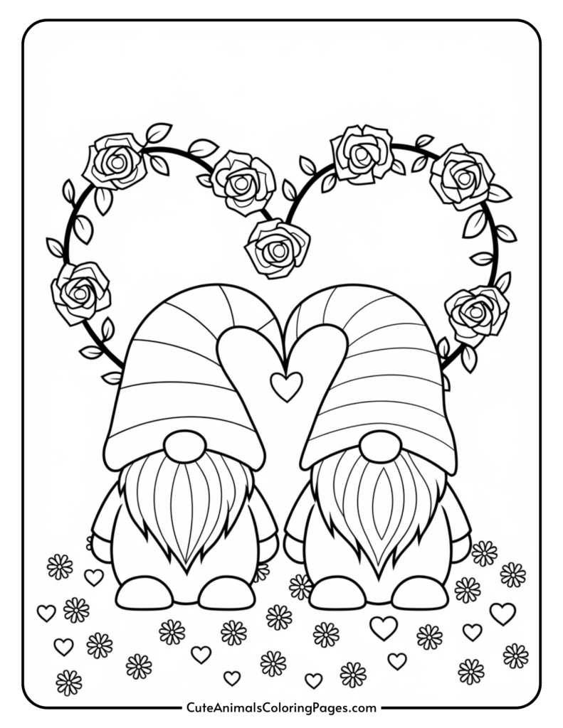 Two gnomes holding hands with interlocking hearts surrounded by roses, daisies, and small hearts.