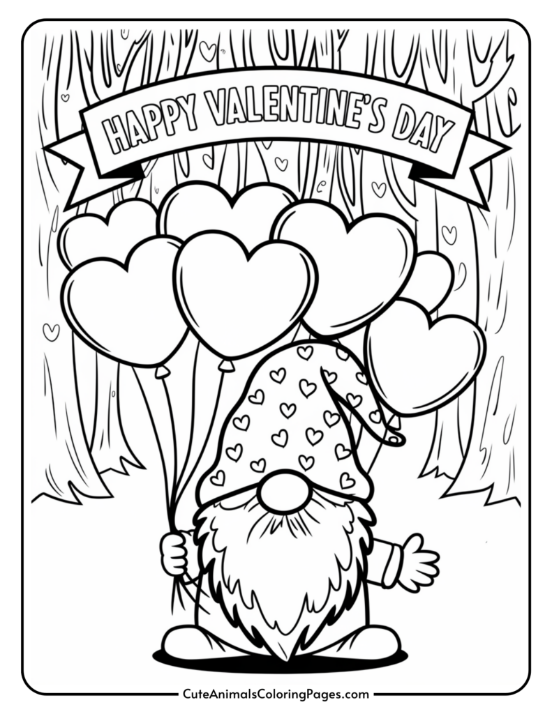 A gnome with a heart-patterned hat holds heart-shaped balloons under a "Happy Valentine's Day" banner.