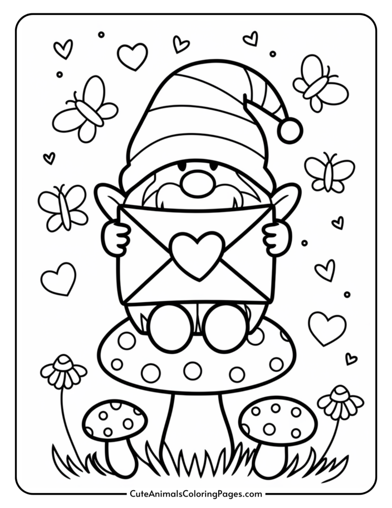 A gnome with a striped hat holding an envelope with a heart, sitting on a large mushroom, surrounded by butterflies and hearts.