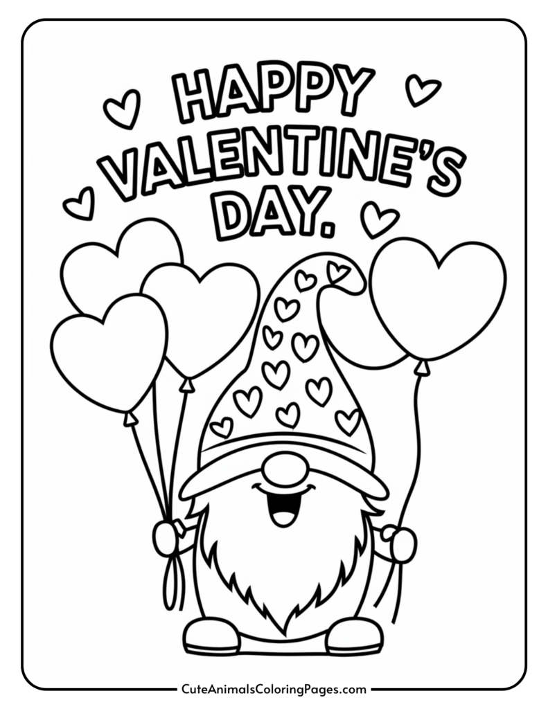 Valentine's Day coloring page with a smiling gnome holding heart-shaped balloons and surrounded by hearts.