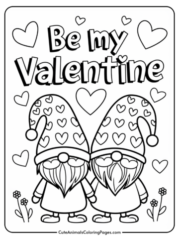 Coloring page with two gnomes wearing heart-patterned hats, surrounded by hearts and the text 