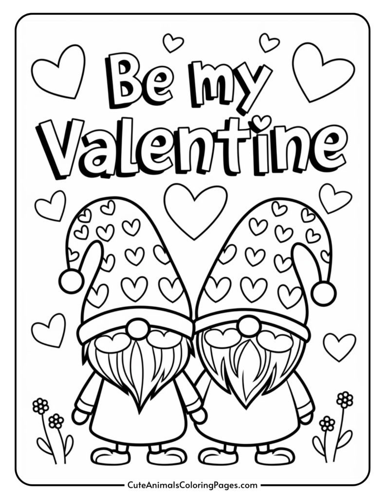 Coloring page with two gnomes wearing heart-patterned hats, surrounded by hearts and the text "Be my Valentine".