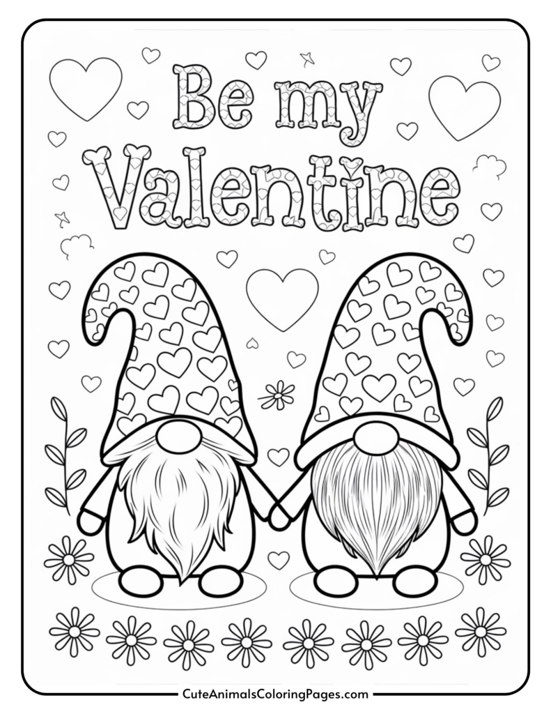 Coloring page with two gnomes holding hands, wearing heart-patterned hats, surrounded by flowers and hearts, with the text "Be my Valentine" at the top.