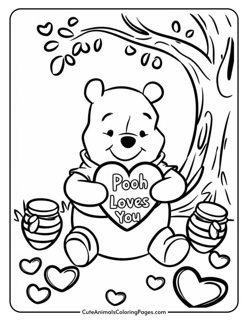 A bear holding a heart with the words "Pooh Loves You," surrounded by honey pots and smaller hearts, sitting under a tree.