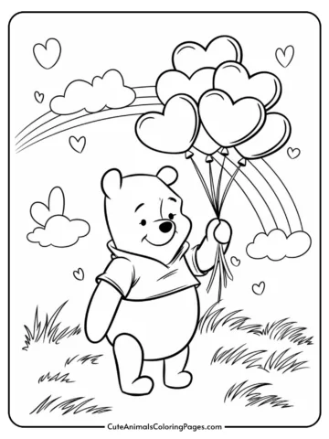 A cartoon bear holding heart-shaped balloons, standing in a grassy field with clouds and a rainbow in the background.