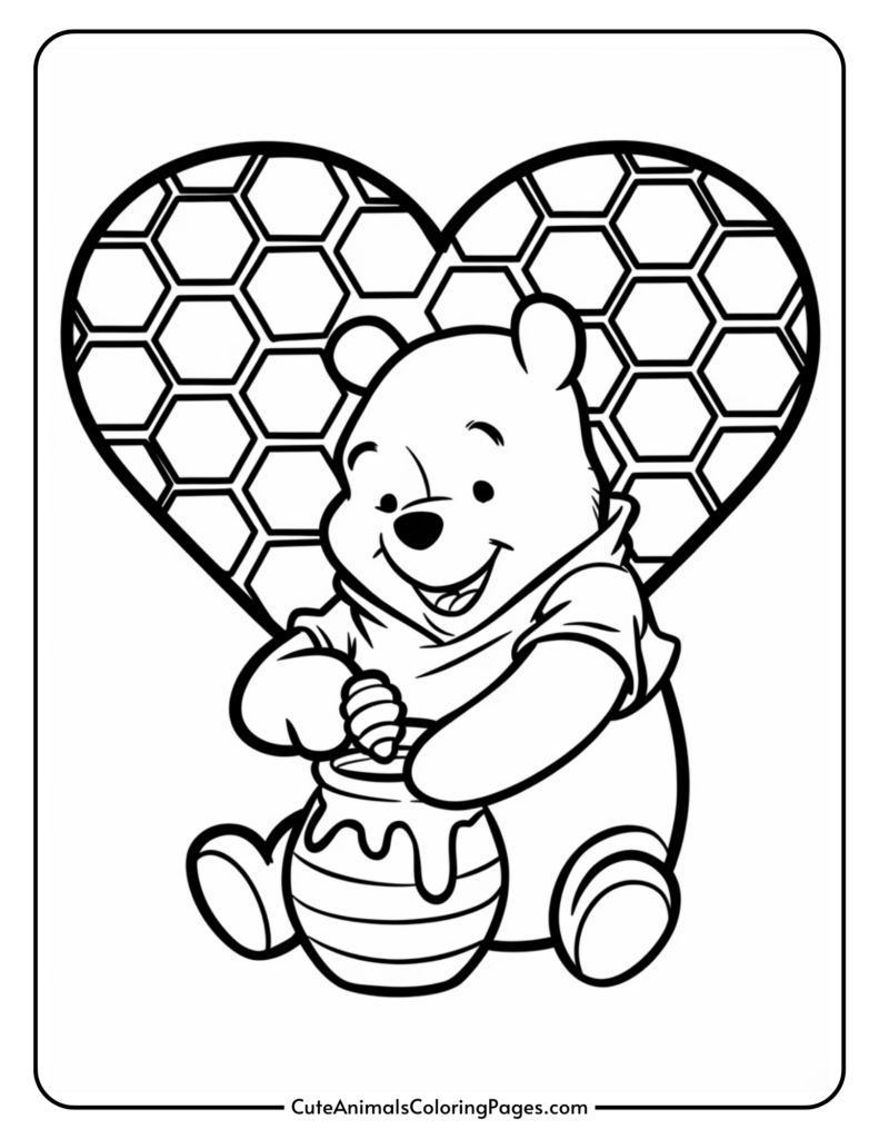 Cartoon bear holding a honey pot in front of a heart-shaped honeycomb pattern.